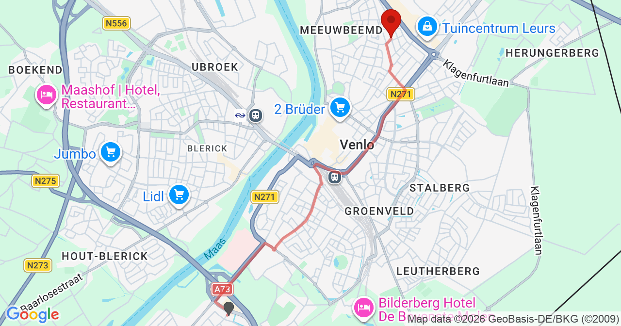 Kaart van het incident in Venlo met de aanrijroutes van de gealarmeerde eenheden
