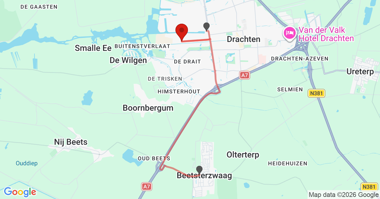 Kaart van het incident in Drachten met de aanrijroutes van de gealarmeerde eenheden