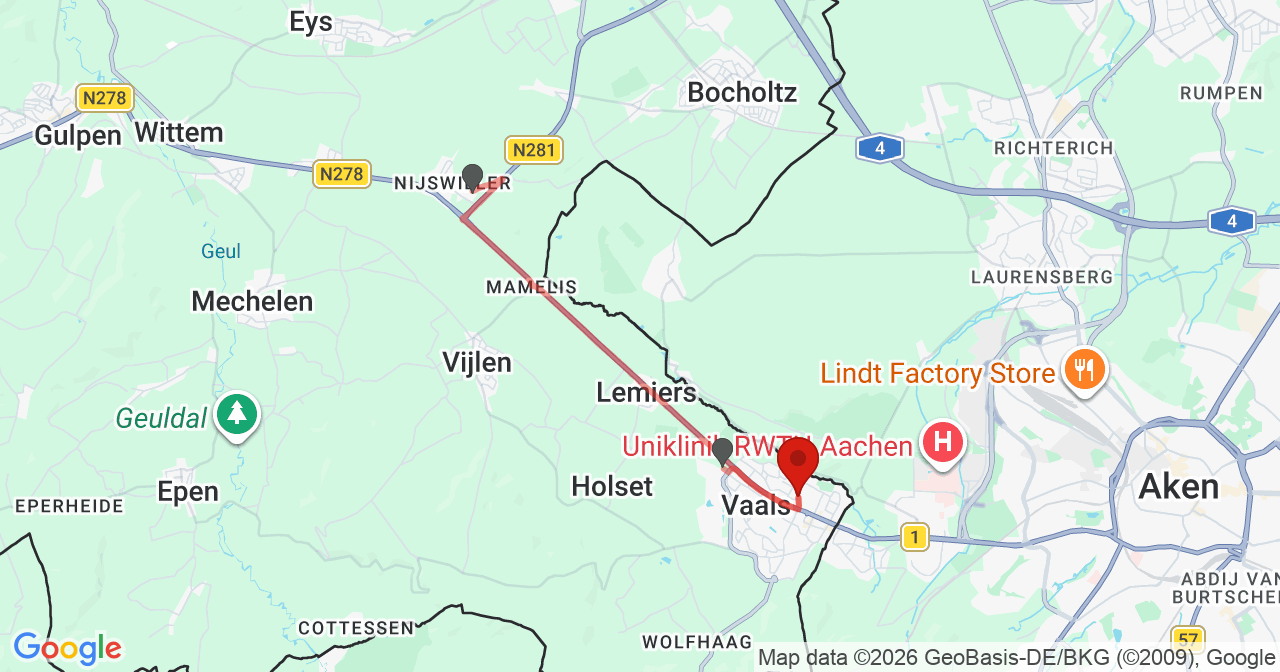 Kaart van het incident in Vaals met de aanrijroutes van de gealarmeerde eenheden