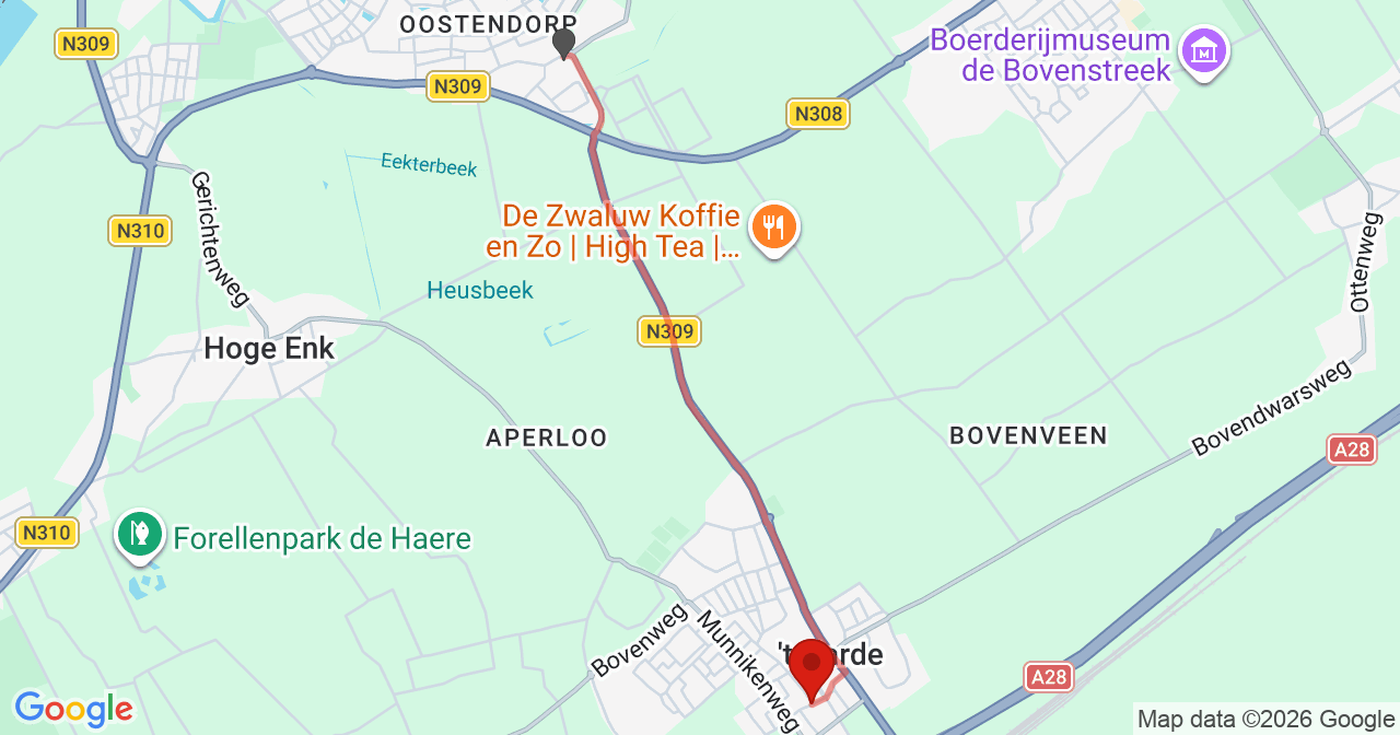 Kaart van het incident in 't Harde met de aanrijroutes van de gealarmeerde eenheden
