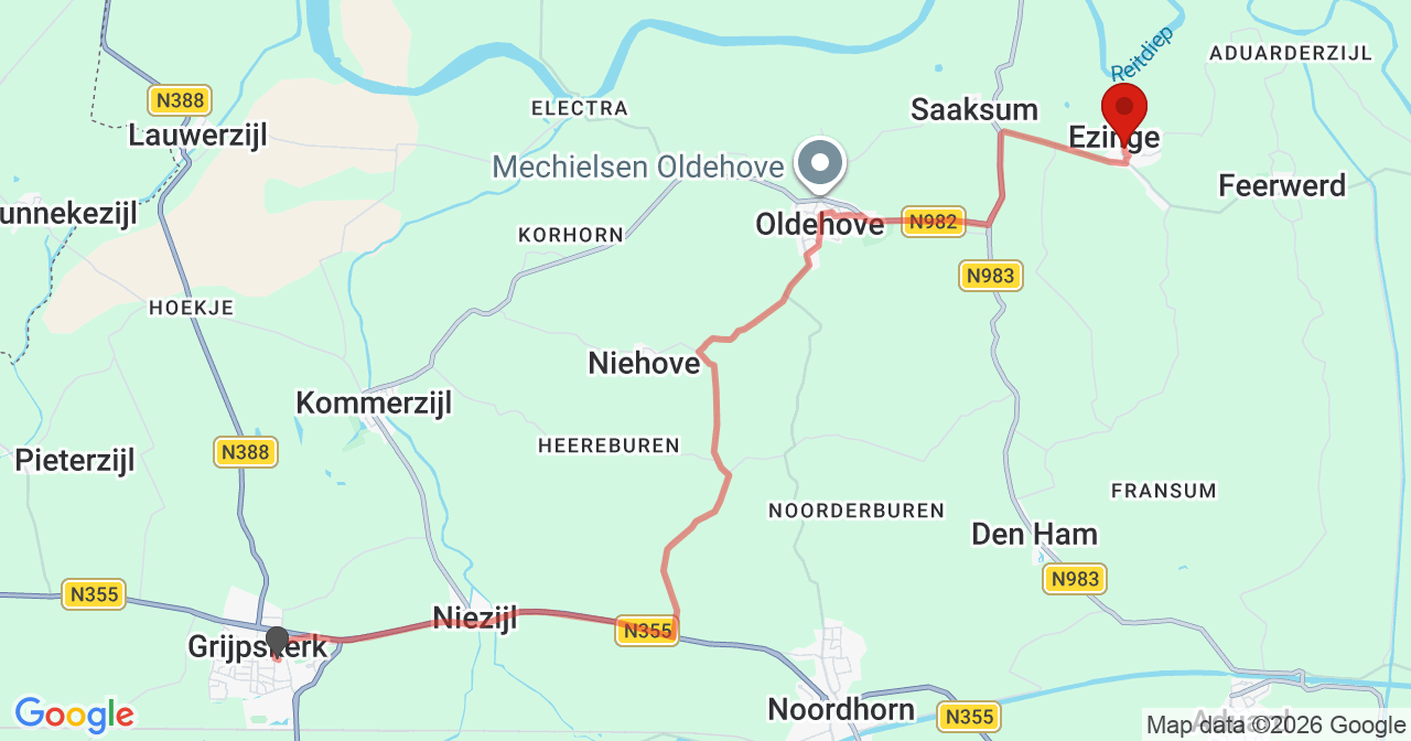 Kaart van het incident in Ezinge met de aanrijroutes van de gealarmeerde eenheden