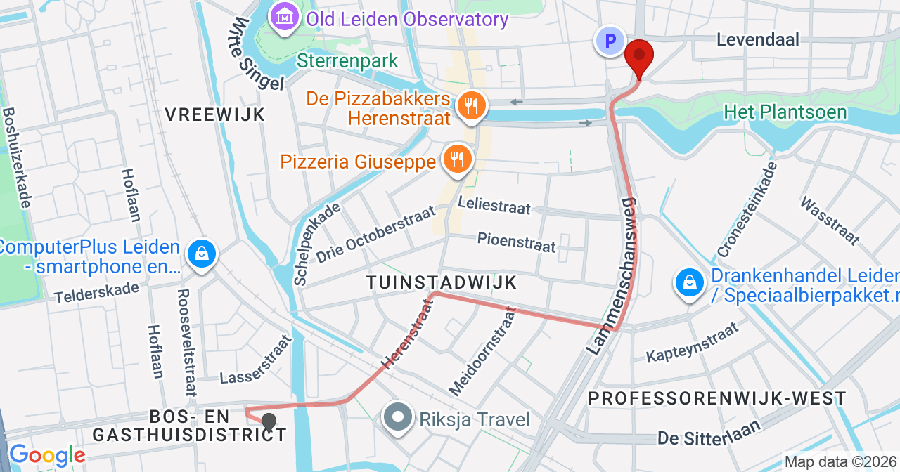 Kaart van het incident in Leiden met de aanrijroutes van de gealarmeerde eenheden