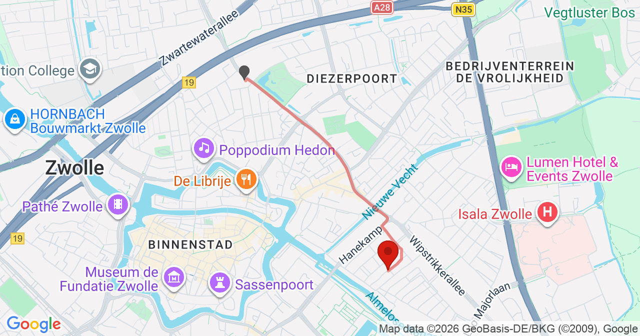 Kaart van het incident in Zwolle met de aanrijroutes van de gealarmeerde eenheden
