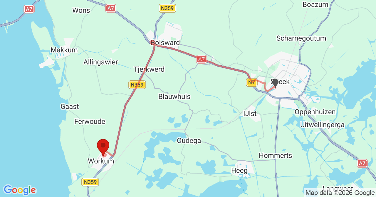 Kaart van het incident in Workum met de aanrijroutes van de gealarmeerde eenheden