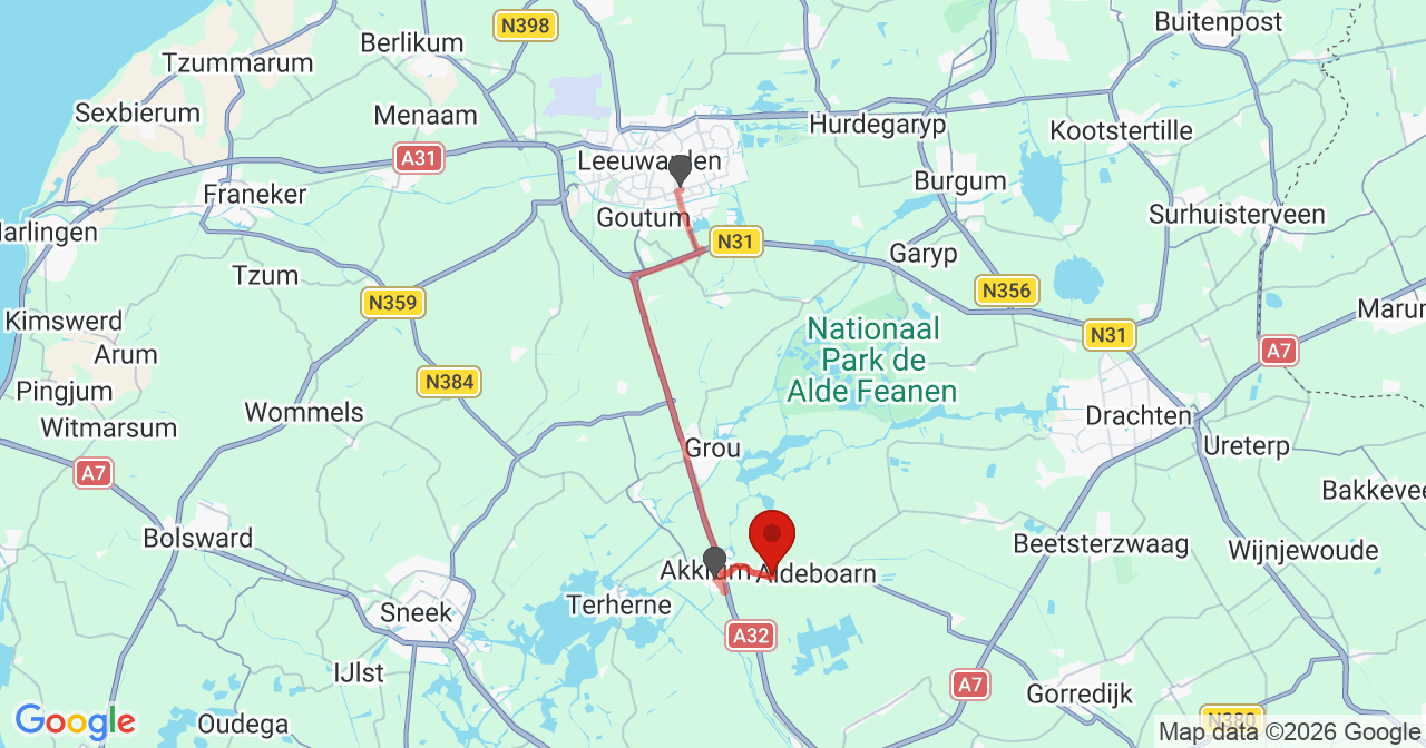 Kaart van het incident in Aldeboarn met de aanrijroutes van de gealarmeerde eenheden
