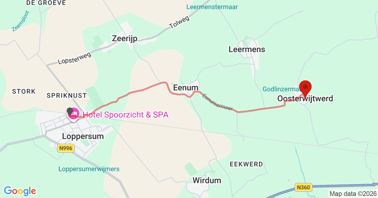 Kaart van het incident in Oosterwijtwerd met de aanrijroutes van de gealarmeerde eenheden