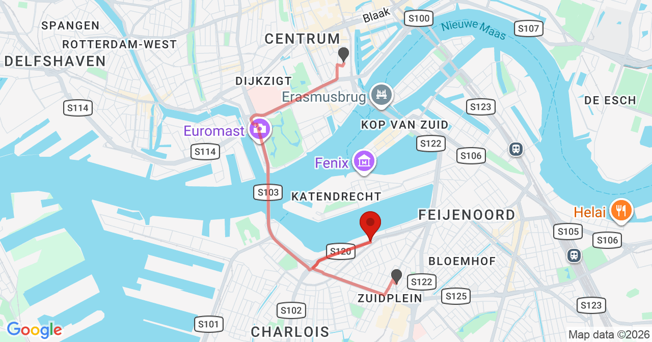 Kaart van het incident in Rotterdam met de aanrijroutes van de gealarmeerde eenheden