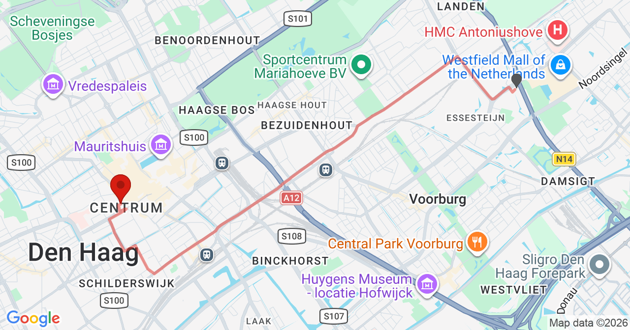 Kaart van het incident in 's-Gravenhage met de aanrijroutes van de gealarmeerde eenheden