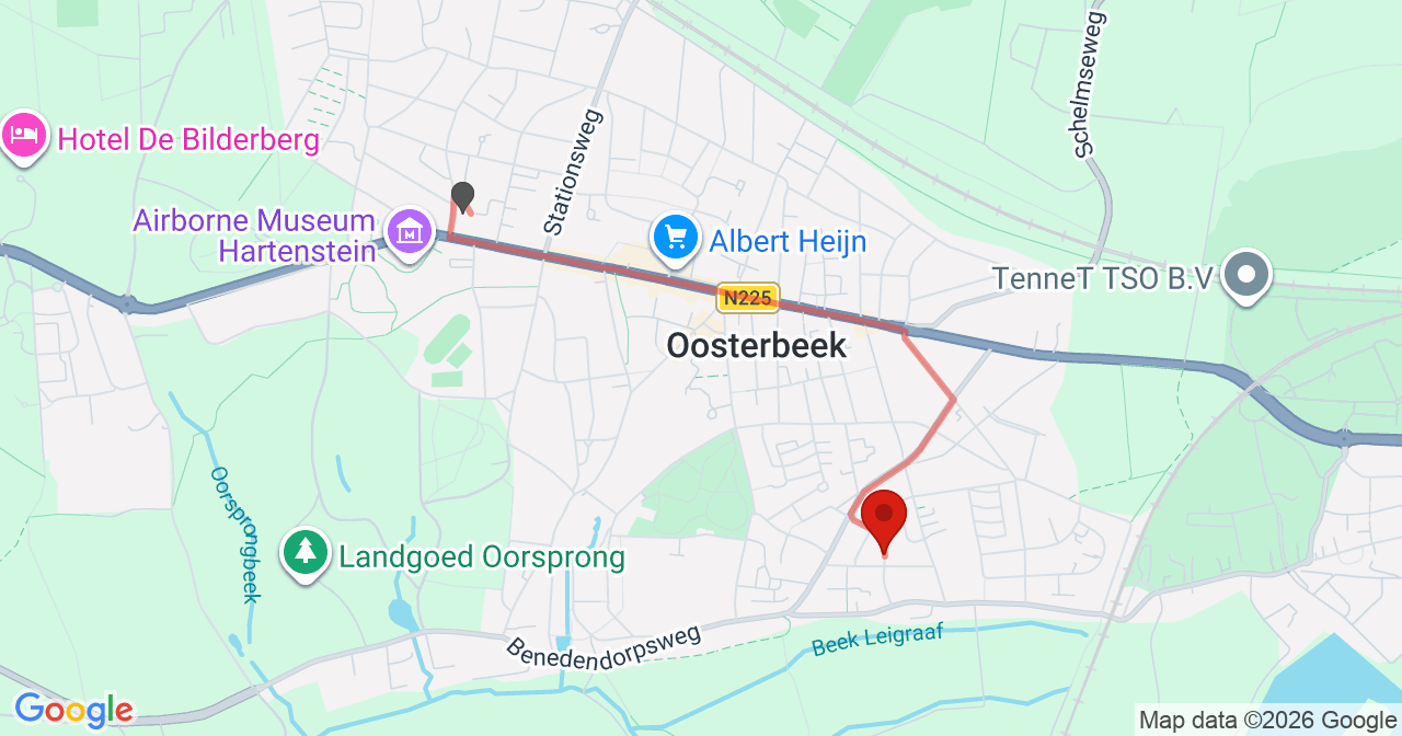 Kaart van het incident in Oosterbeek met de aanrijroutes van de gealarmeerde eenheden