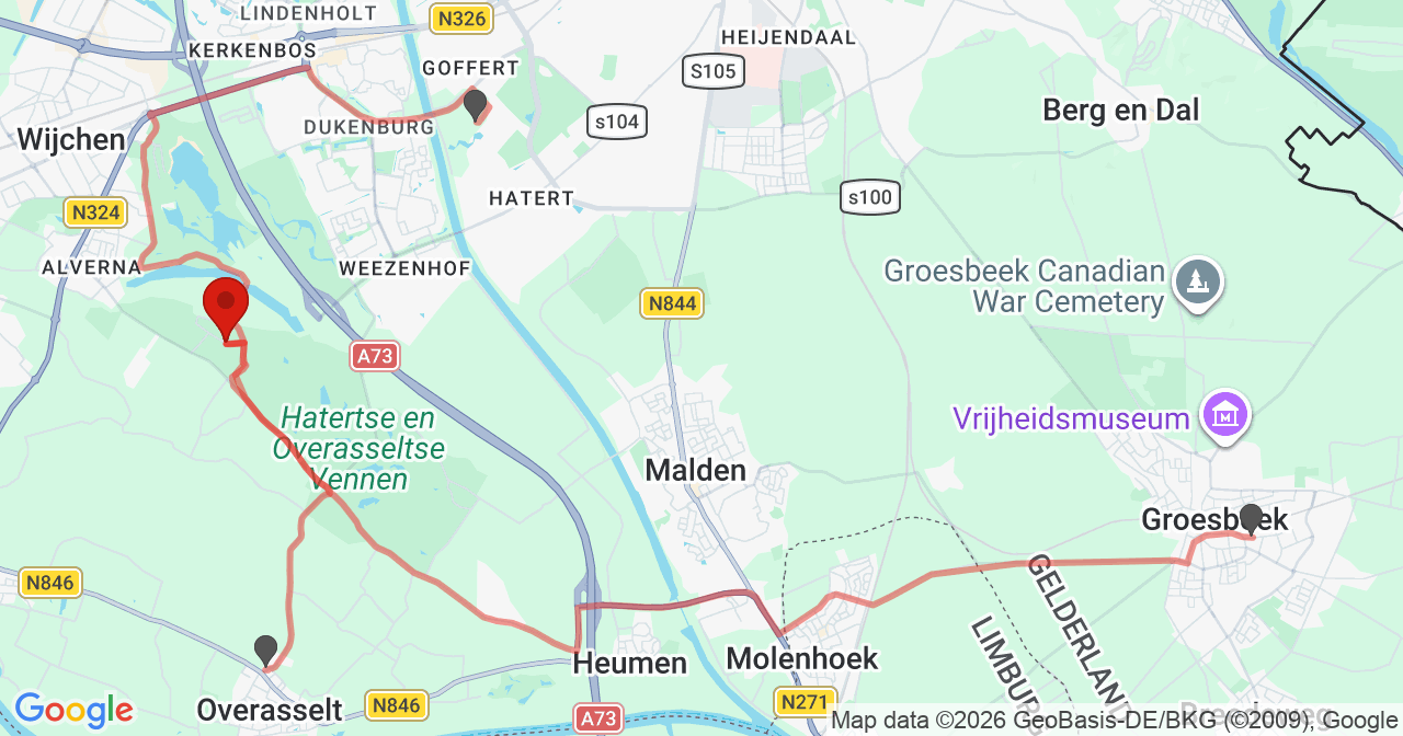 Kaart van het incident in Wijchen met de aanrijroutes van de gealarmeerde eenheden