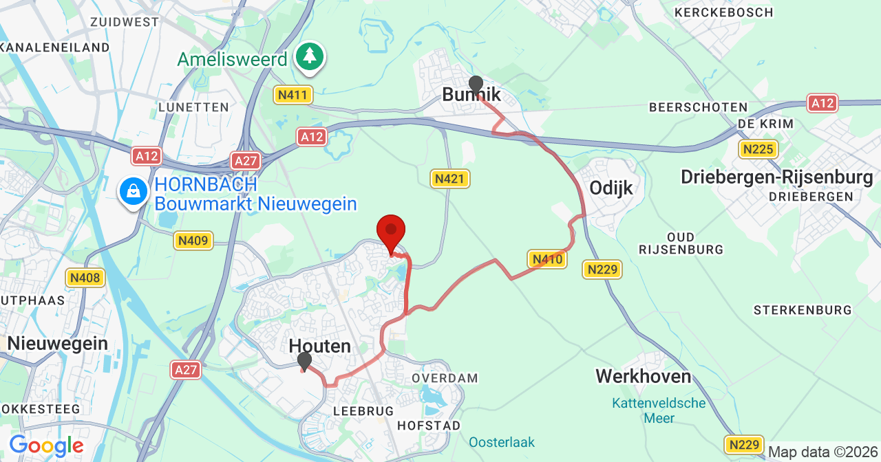 Kaart van het incident in Houten met de aanrijroutes van de gealarmeerde eenheden
