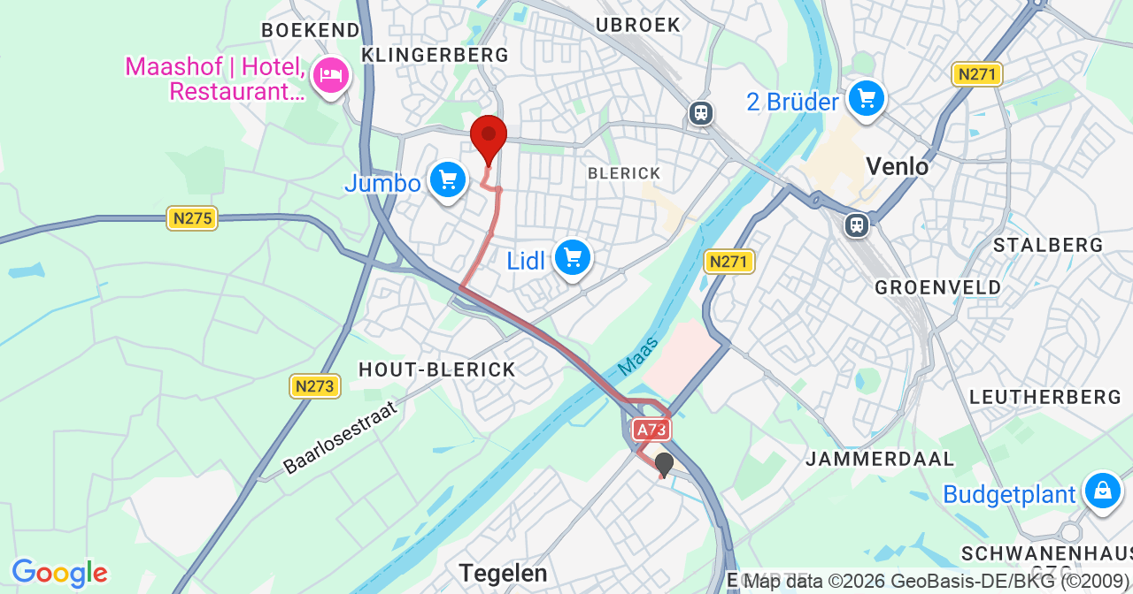 Kaart van het incident in Venlo met de aanrijroutes van de gealarmeerde eenheden
