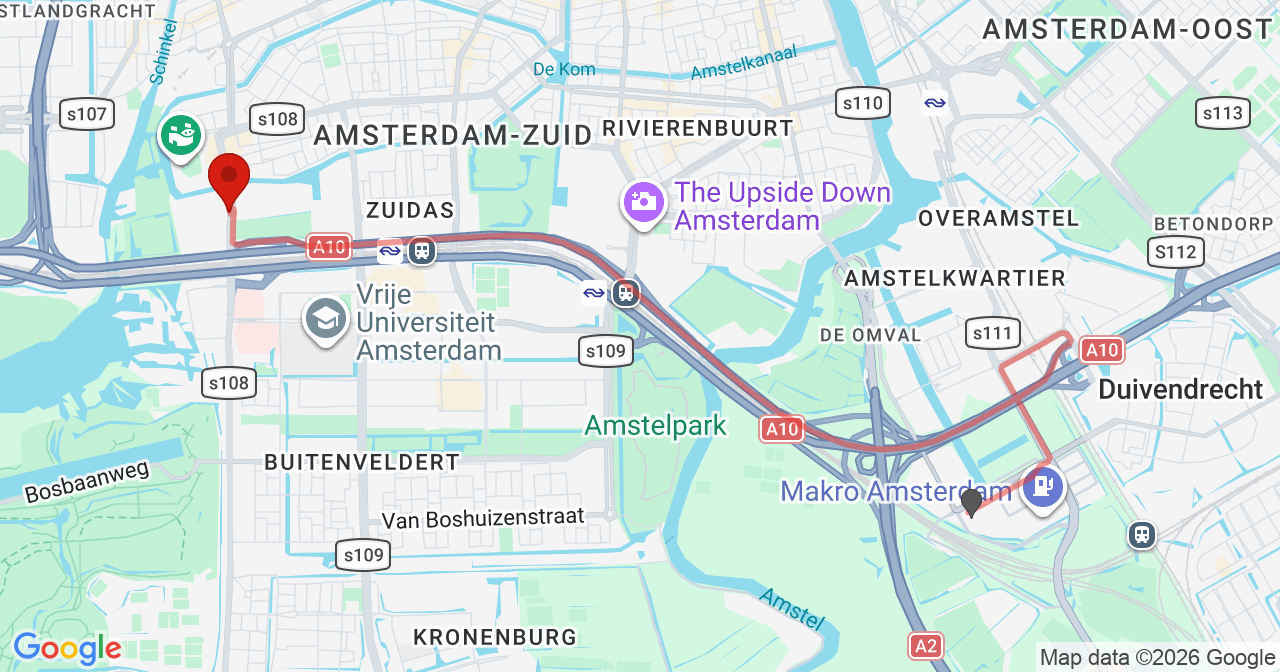 Kaart van het incident in Amsterdam met de aanrijroutes van de gealarmeerde eenheden