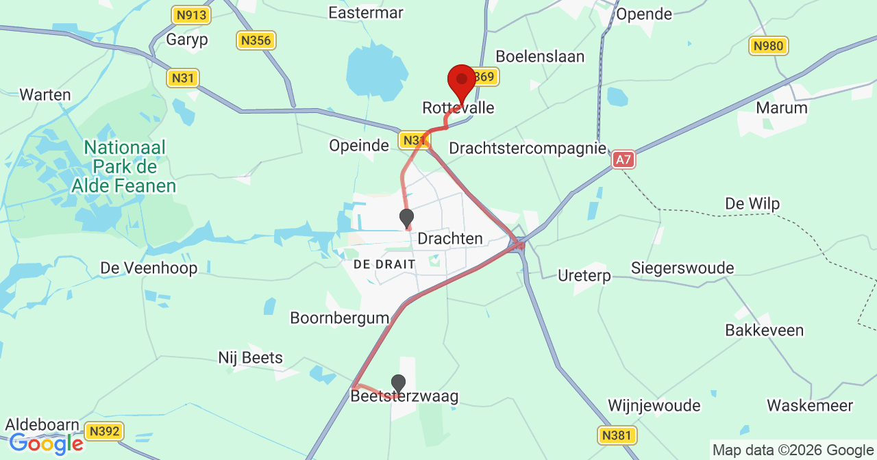 Kaart van het incident in Rottevalle met de aanrijroutes van de gealarmeerde eenheden