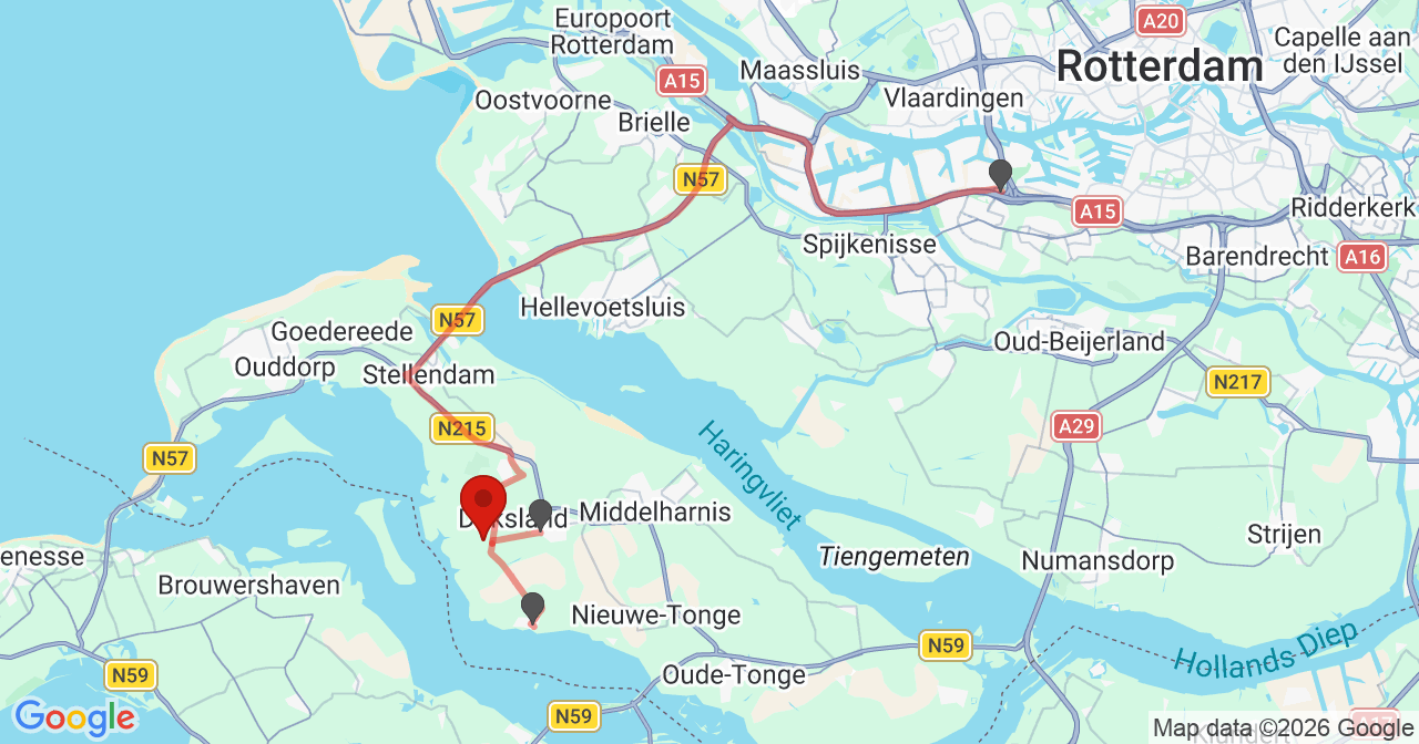 Kaart van het incident in Dirksland met de aanrijroutes van de gealarmeerde eenheden