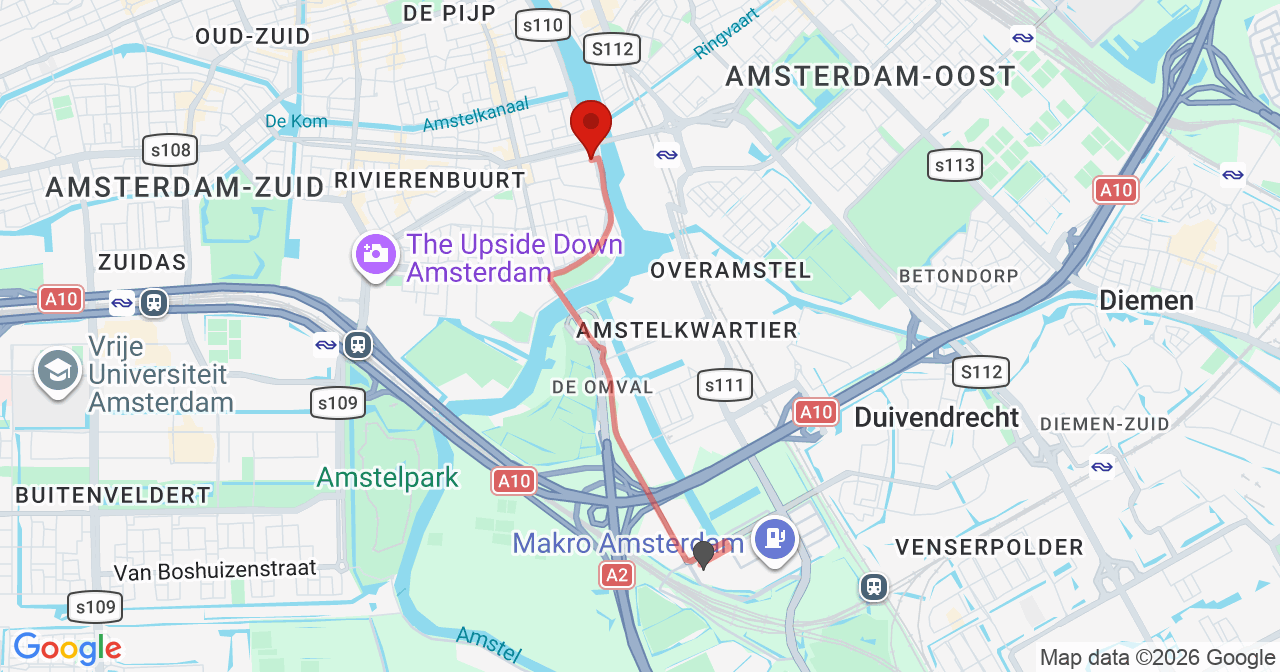 Kaart van het incident in Amsterdam met de aanrijroutes van de gealarmeerde eenheden