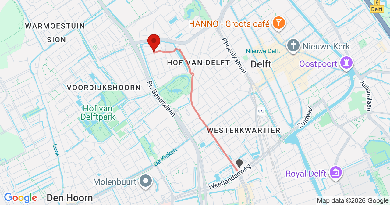 Kaart van het incident in Delft met de aanrijroutes van de gealarmeerde eenheden