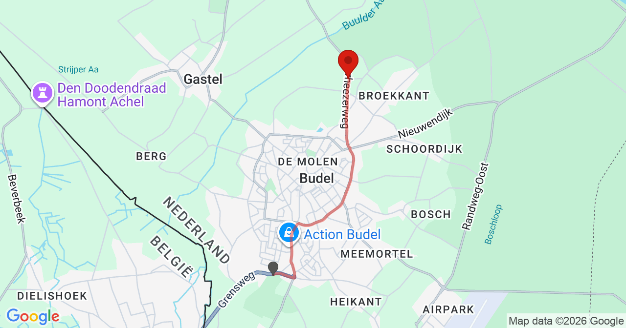 Kaart van het incident in Budel met de aanrijroutes van de gealarmeerde eenheden