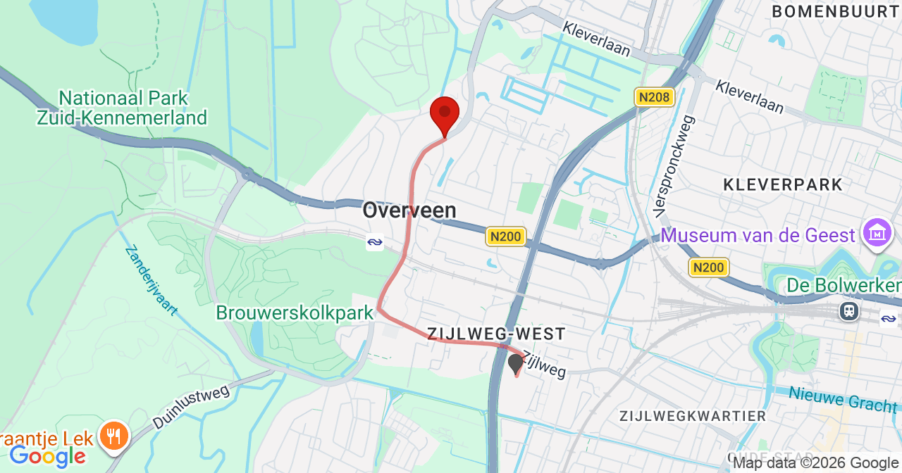 Kaart van het incident in Overveen met de aanrijroutes van de gealarmeerde eenheden
