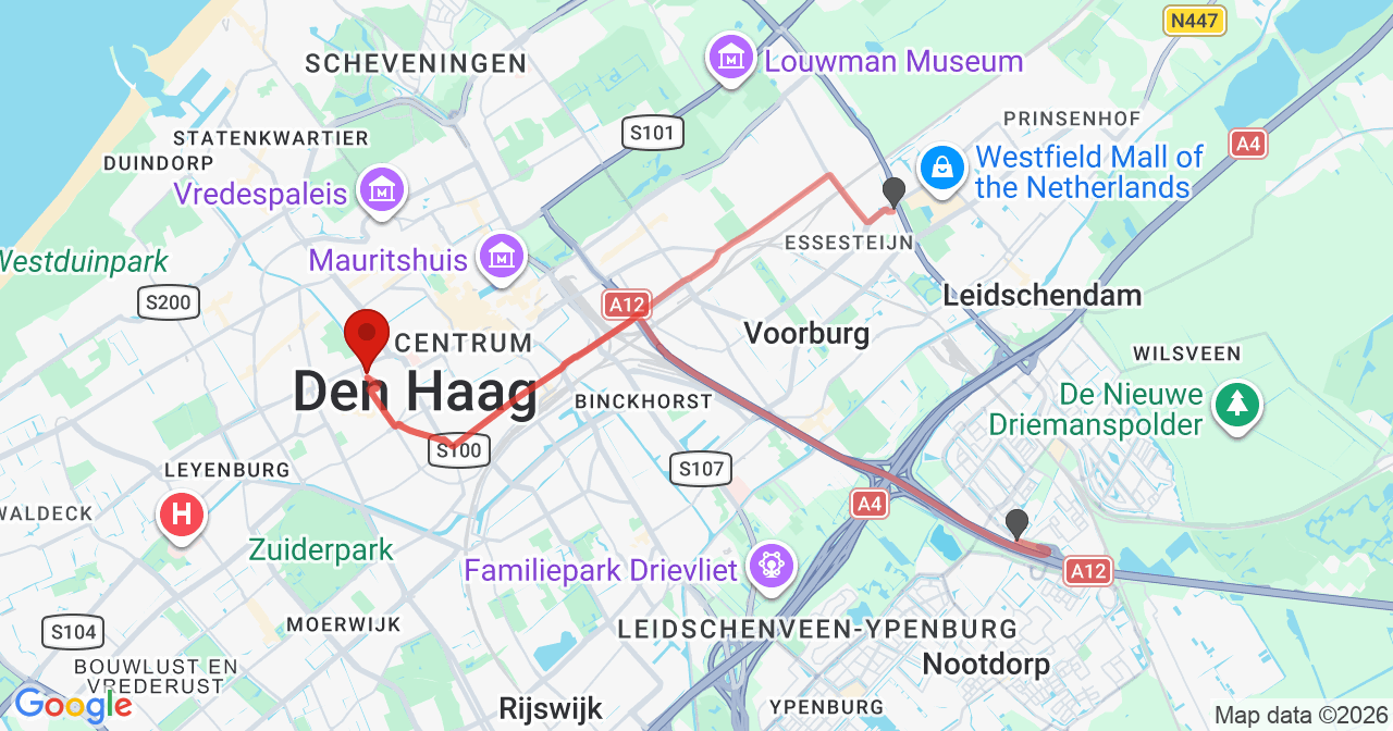 Kaart van het incident in 's-Gravenhage met de aanrijroutes van de gealarmeerde eenheden