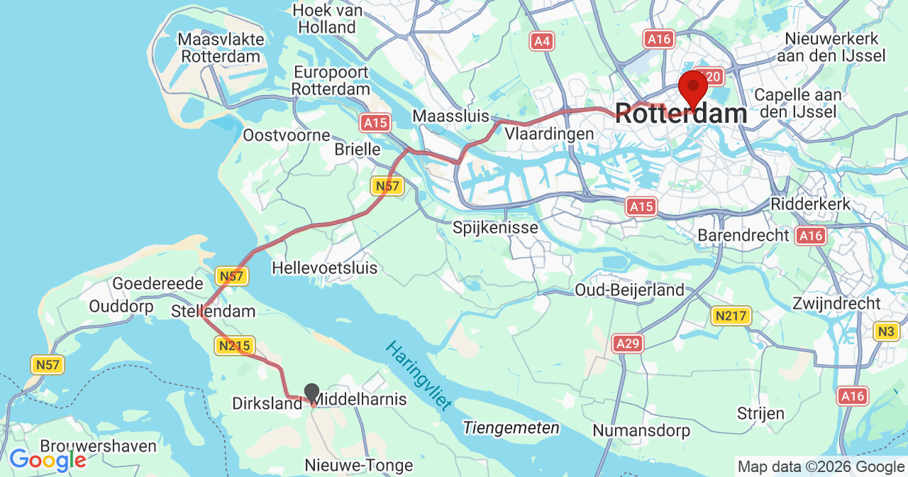 Kaart van het incident in Rotterdam met de aanrijroutes van de gealarmeerde eenheden