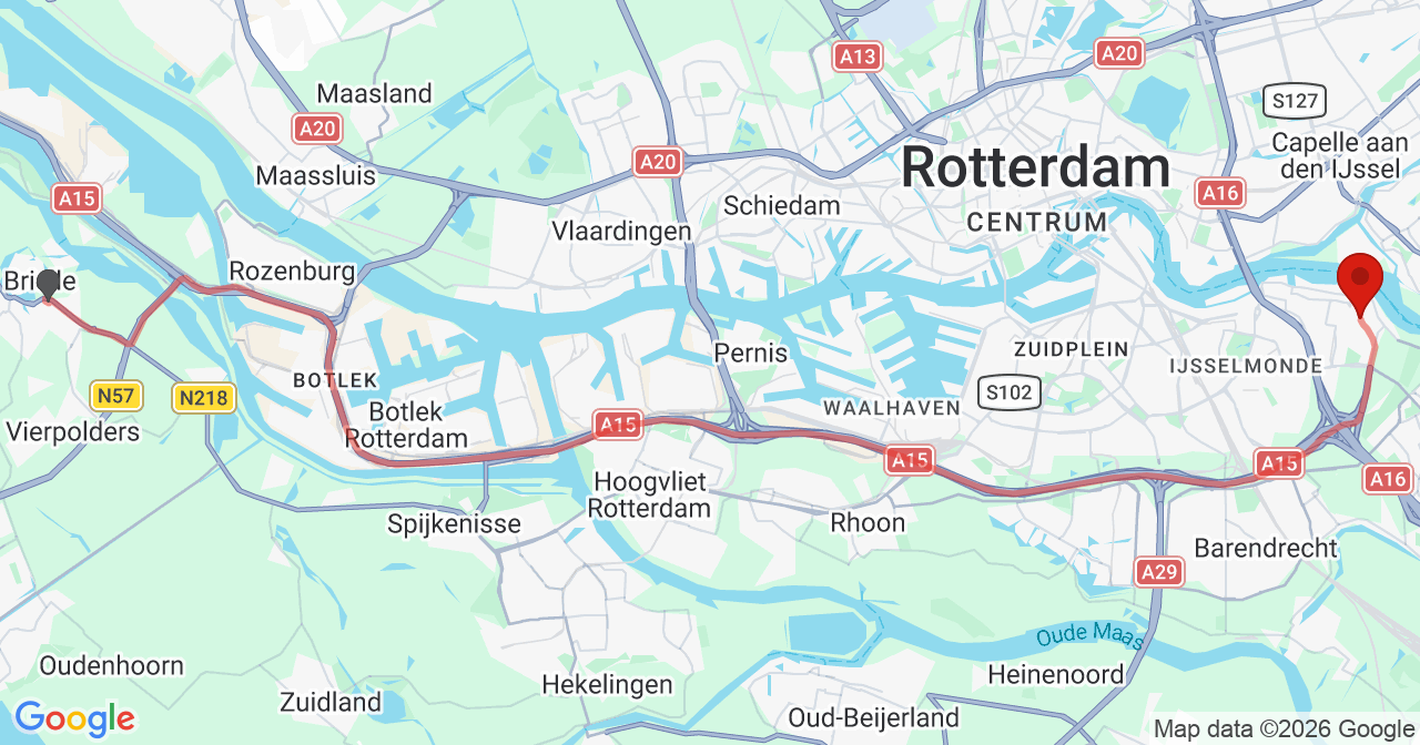 Kaart van het incident in Ridderkerk met de aanrijroutes van de gealarmeerde eenheden