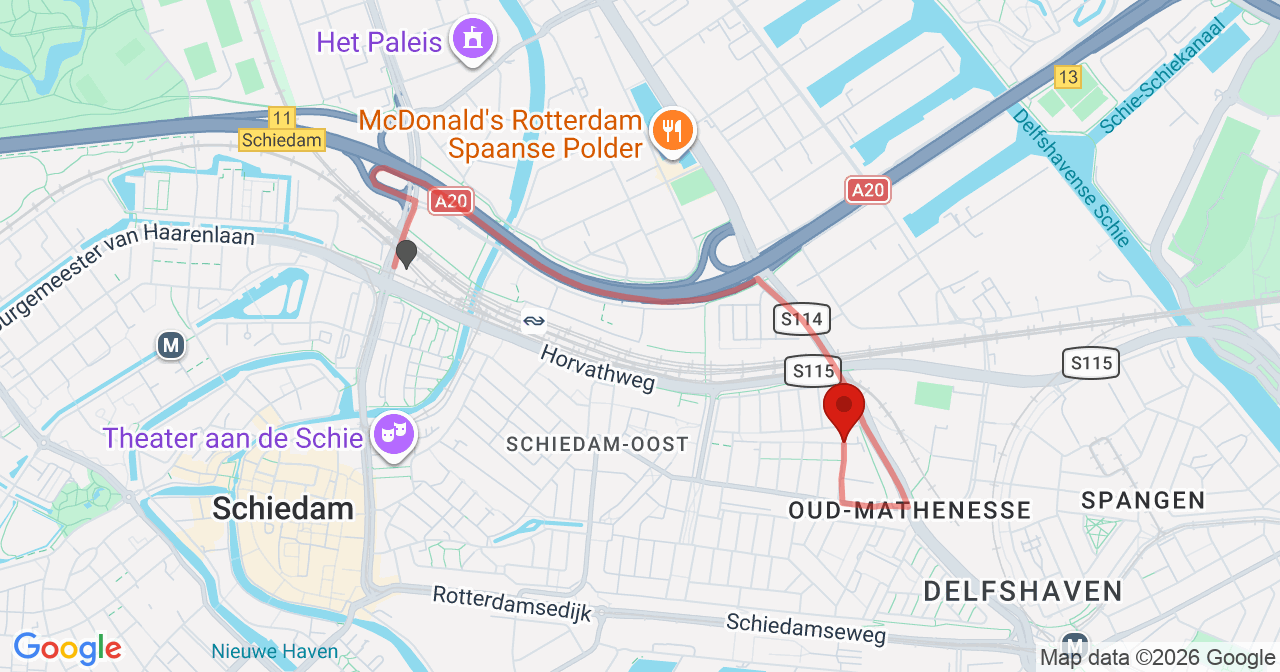 Kaart van het incident in Rotterdam met de aanrijroutes van de gealarmeerde eenheden