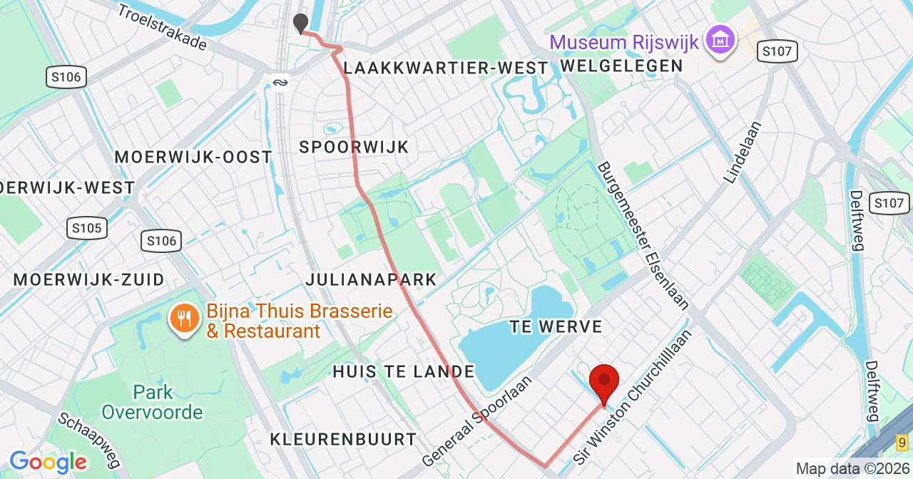 Kaart van het incident in Rijswijk ZH met de aanrijroutes van de gealarmeerde eenheden
