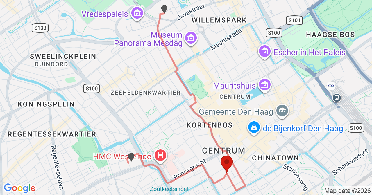 Kaart van het incident in 's-Gravenhage met de aanrijroutes van de gealarmeerde eenheden