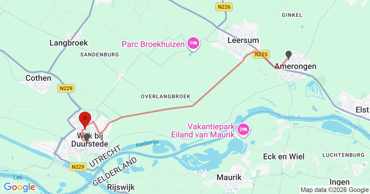 Kaart van het incident in Wijk bij Duurstede met de aanrijroutes van de gealarmeerde eenheden