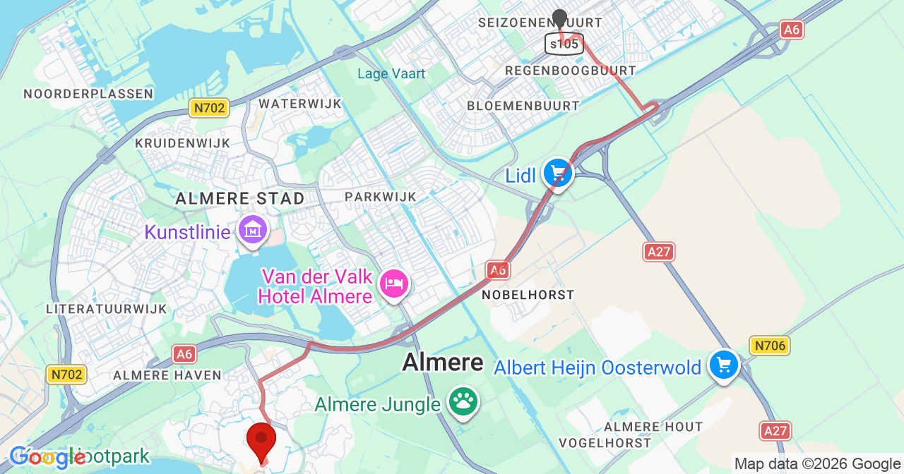 Kaart van het incident in Almere met de aanrijroutes van de gealarmeerde eenheden