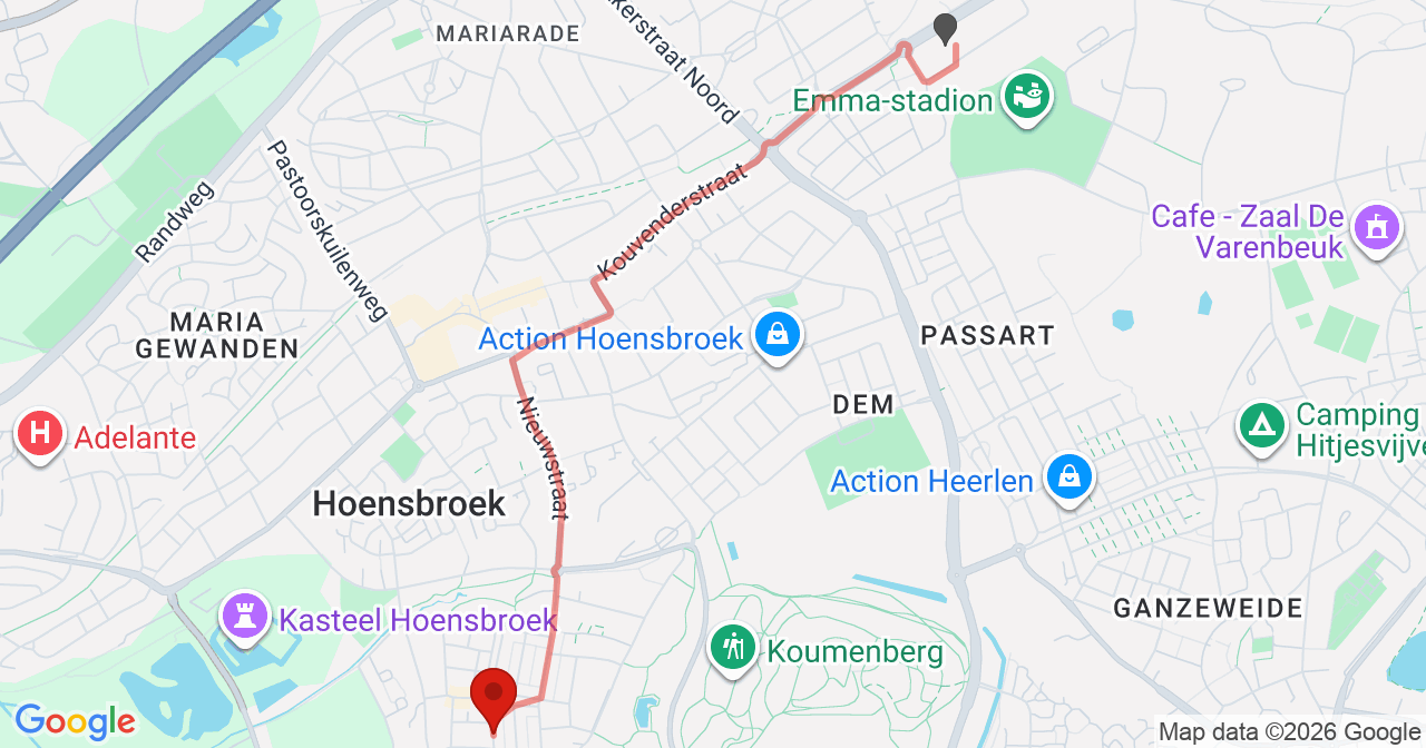 Kaart van het incident in Hoensbroek met de aanrijroutes van de gealarmeerde eenheden