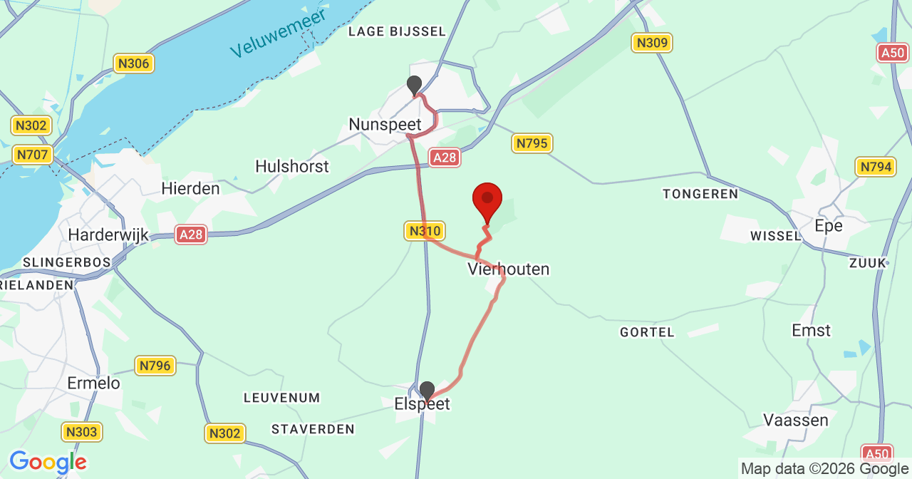 Kaart van het incident in Vierhouten met de aanrijroutes van de gealarmeerde eenheden