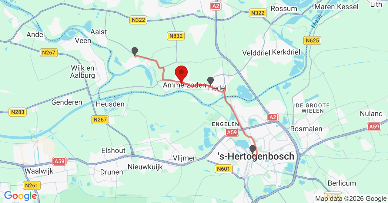 Kaart van het incident in Ammerzoden met de aanrijroutes van de gealarmeerde eenheden