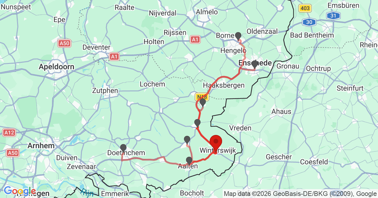 Kaart van het incident in Winterswijk met de aanrijroutes van de gealarmeerde eenheden