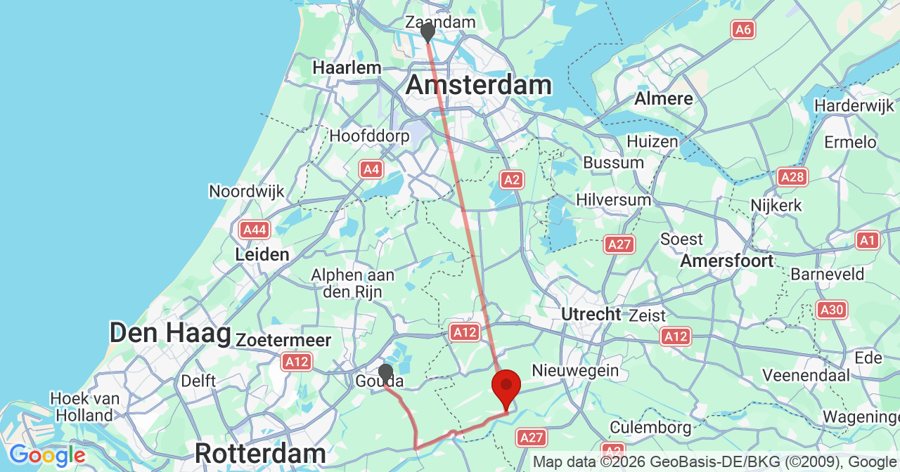 Kaart van het incident in Lopik met de aanrijroutes van de gealarmeerde eenheden