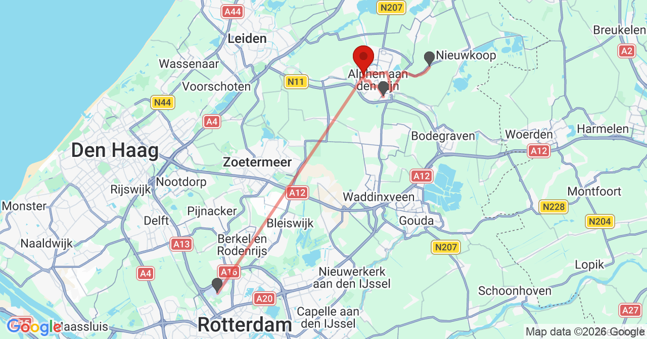 Kaart van het incident in Alphen aan den Rijn met de aanrijroutes van de gealarmeerde eenheden