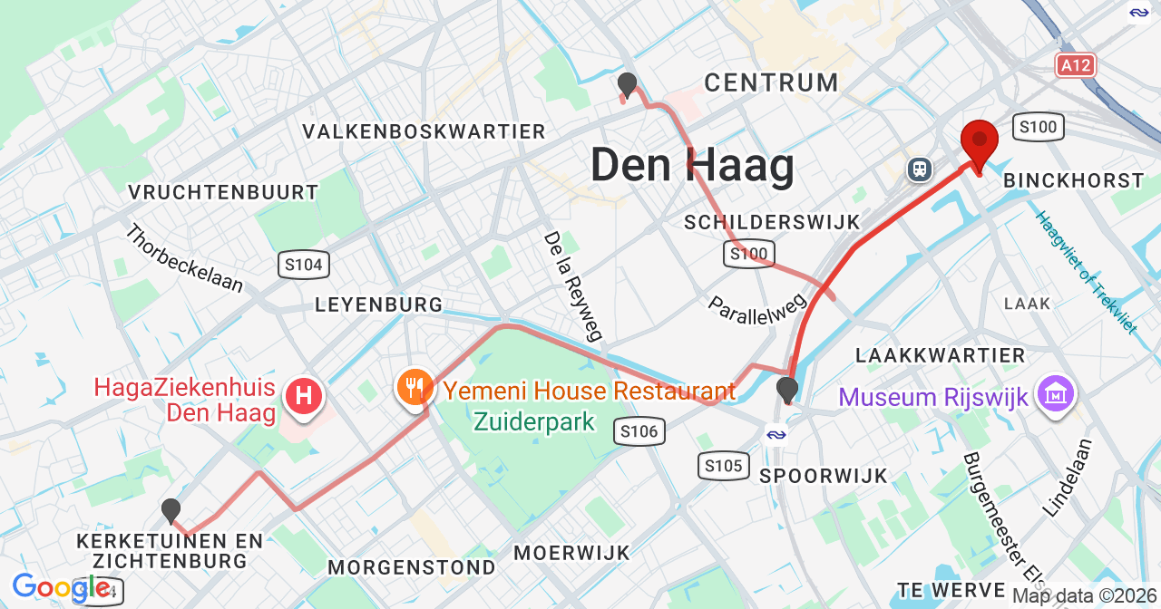 Kaart van het incident in 's-Gravenhage met de aanrijroutes van de gealarmeerde eenheden