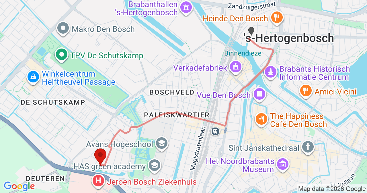 Kaart van het incident in 's-Hertogenbosch met de aanrijroutes van de gealarmeerde eenheden