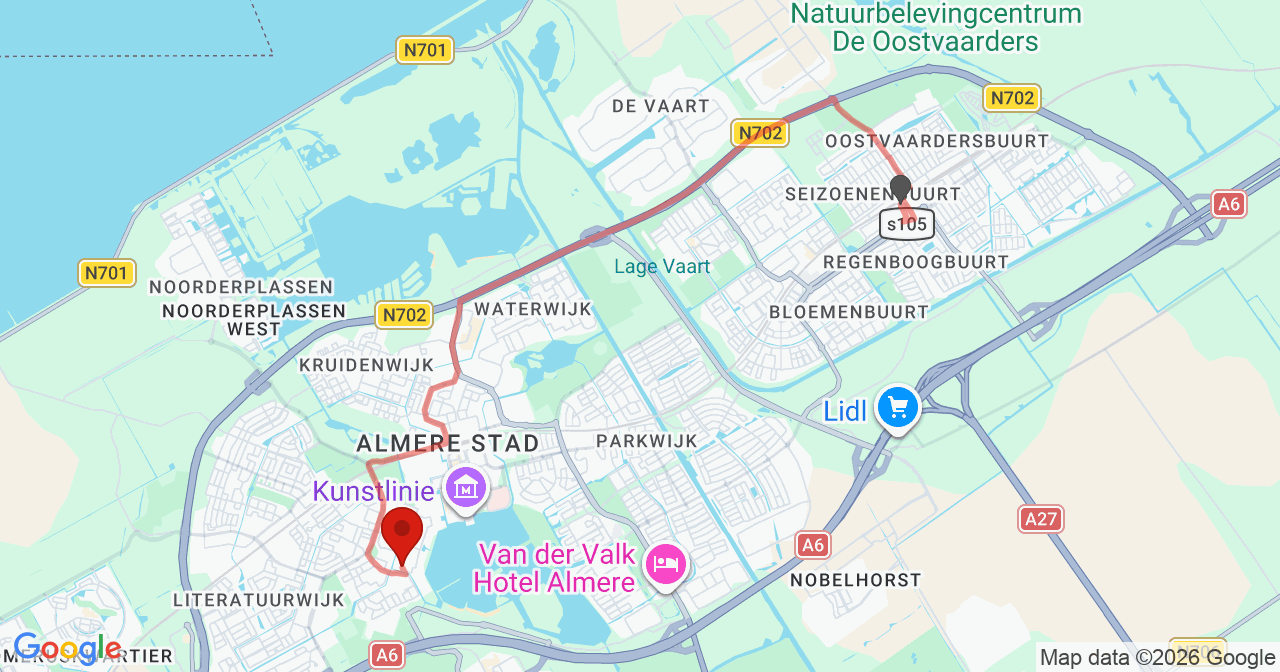 Kaart van het incident in Almere met de aanrijroutes van de gealarmeerde eenheden