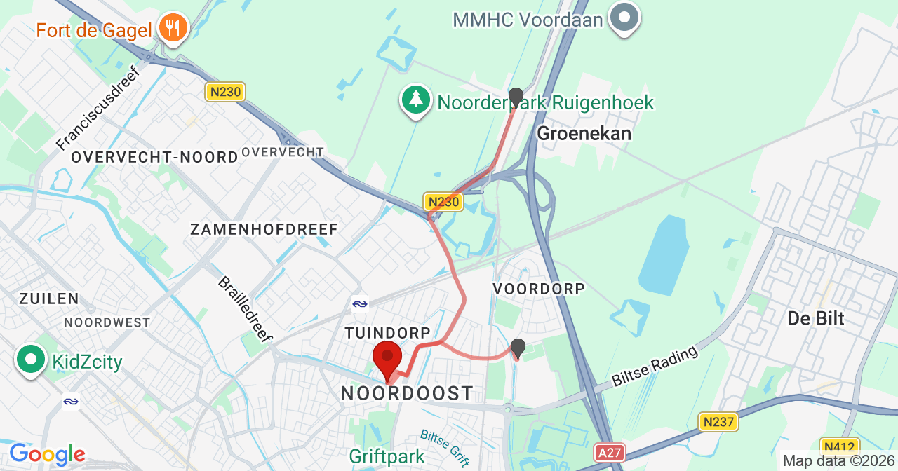 Kaart van het incident in Utrecht met de aanrijroutes van de gealarmeerde eenheden
