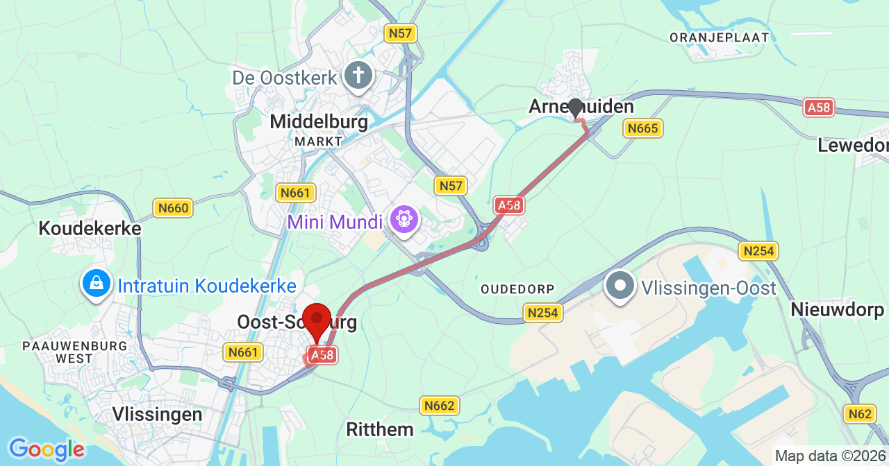 Kaart van het incident in Oost-Souburg met de aanrijroutes van de gealarmeerde eenheden