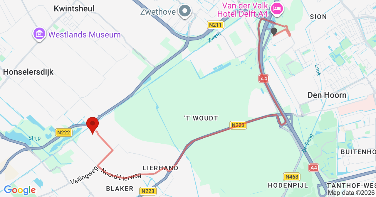 Kaart van het incident in De Lier met de aanrijroutes van de gealarmeerde eenheden