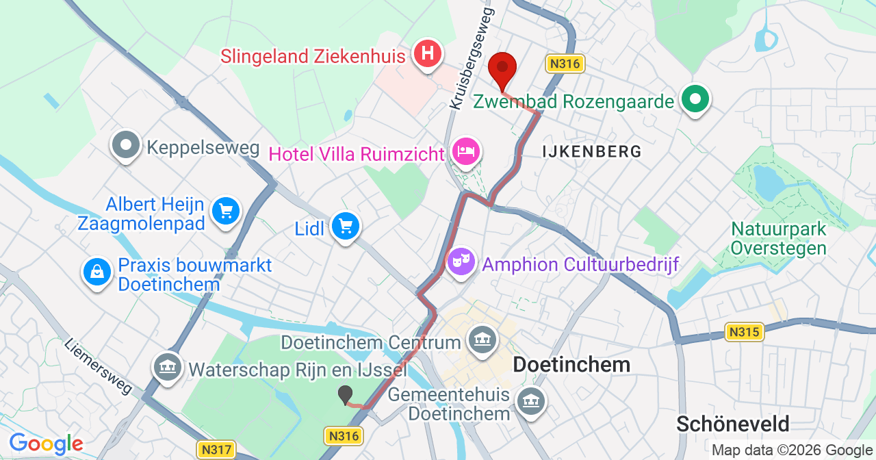 Kaart van het incident in Doetinchem met de aanrijroutes van de gealarmeerde eenheden