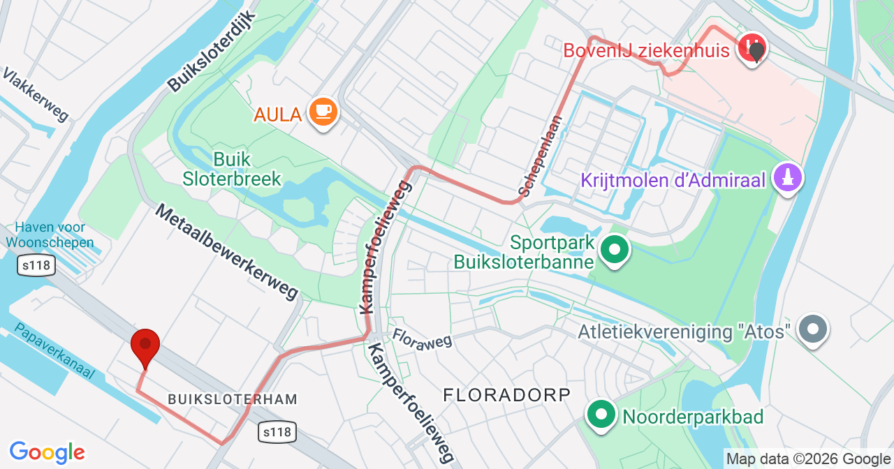 Kaart van het incident in Amsterdam met de aanrijroutes van de gealarmeerde eenheden