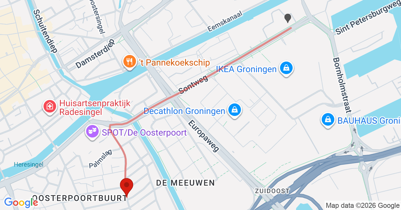 Kaart van het incident in Groningen met de aanrijroutes van de gealarmeerde eenheden