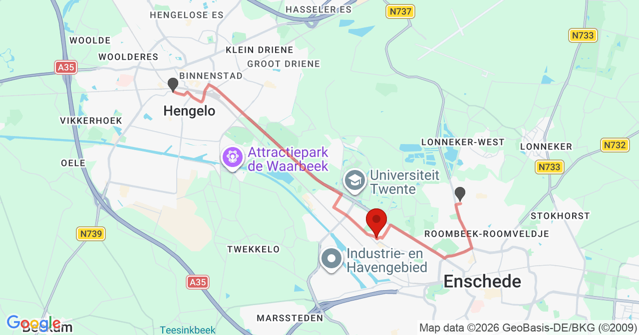 Kaart van het incident in Enschede met de aanrijroutes van de gealarmeerde eenheden