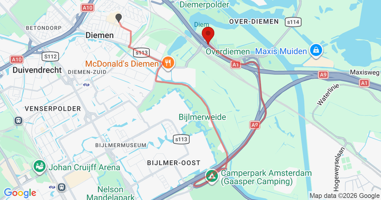 Kaart van het incident in Diemen met de aanrijroutes van de gealarmeerde eenheden