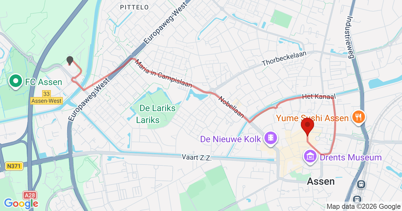 Kaart van het incident in Assen met de aanrijroutes van de gealarmeerde eenheden
