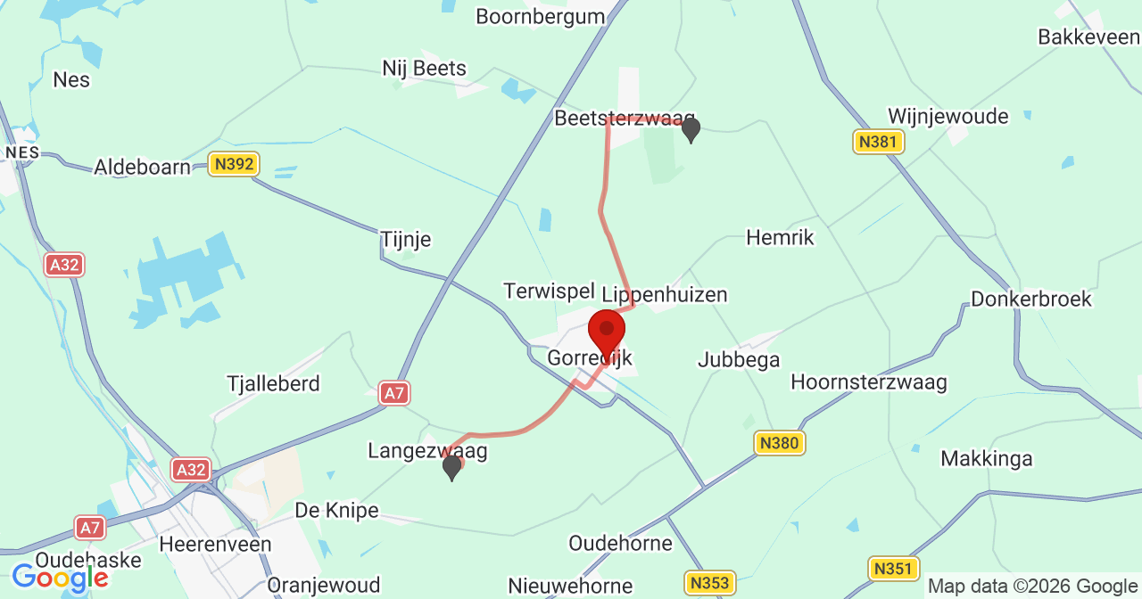 Kaart van het incident in Gorredijk met de aanrijroutes van de gealarmeerde eenheden
